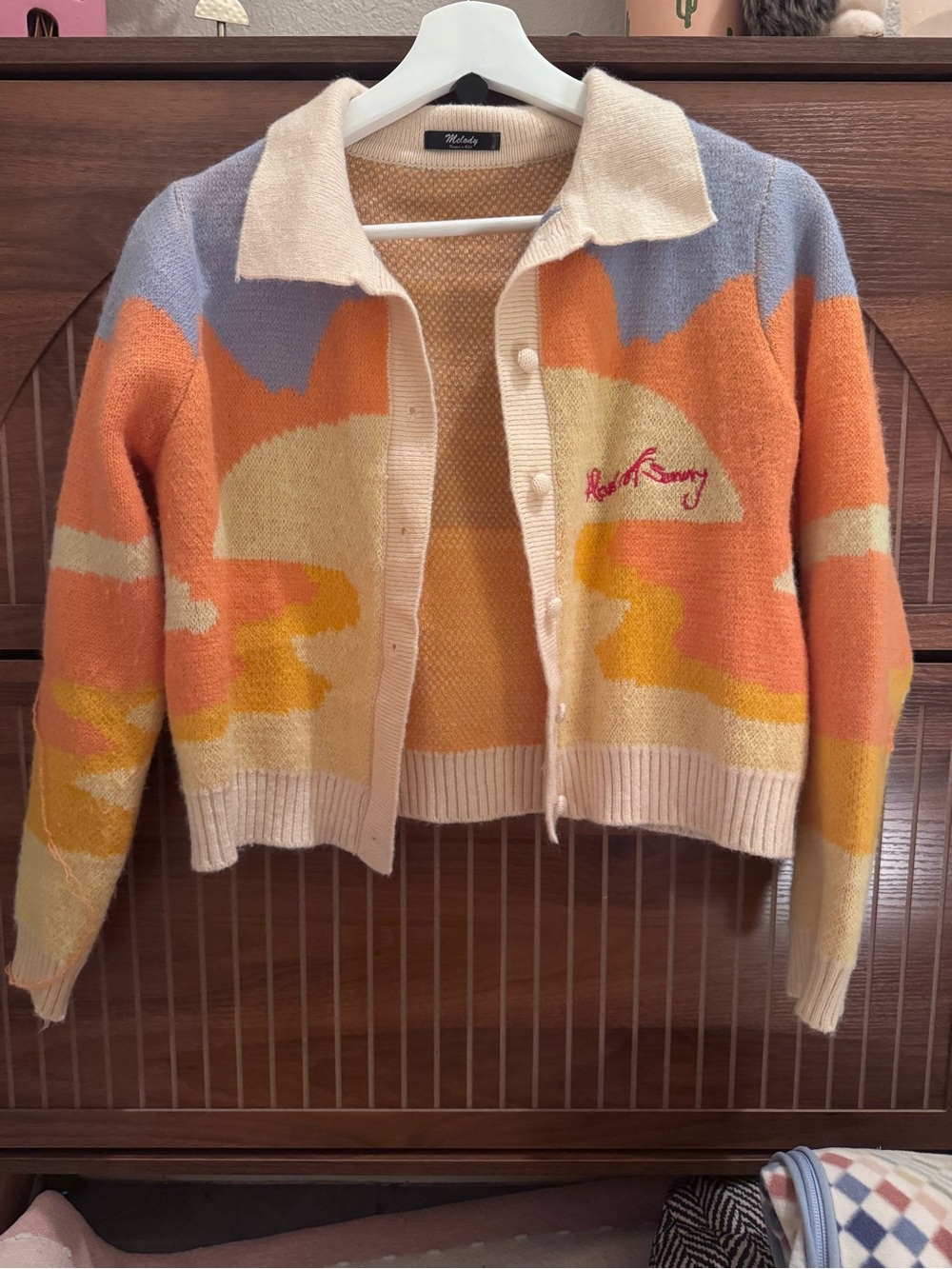 Sunrise Colorblock Collared Knit Cardigan - Peach, Cream & Yellow